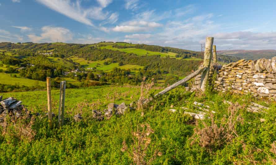 View of dry stone wall and Coombs Dale toward Stoney Middleton, Calver, Derbyshire Peak District, England