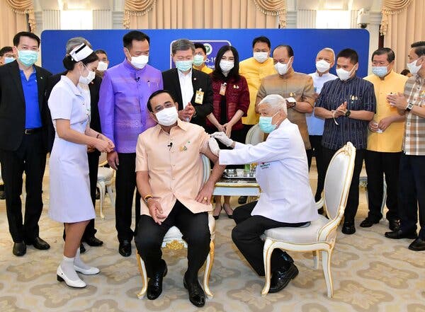 Prime Minister Prayuth Chan-ocha of Thailand received his first shot of the AstraZeneca vaccine in Bangkok on Tuesday.