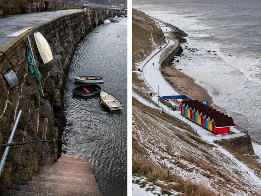 Scarborough harbour during low tide and (r) snow covers the coastal promenade from Whtiby towards Sandsend.