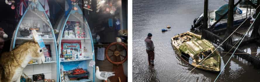 A window display in Scarborough and (r) a fisherman looks at damaged boats which are only revealed during low tide.