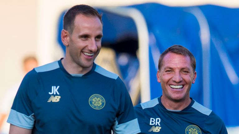 30/07/16 PRE-SEASON FRIENDLY.NK CELJE v CELTIC (2-2).ARENA PETROL STADIUM - SLOVENIA.John Kennedy and Brendan Rodgers