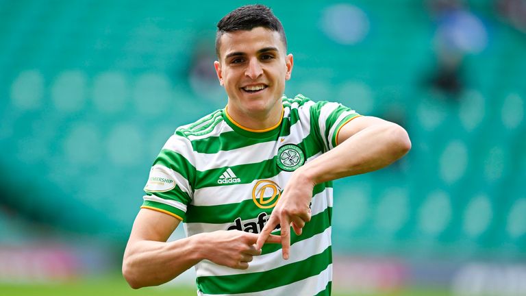 Celtic&#39;s Mohamed Elyounoussi celebrates making it 1-0 during the Scottish Premiership match between Celtic and Rangers at Celtic Park, on March 21, 2021, in Glasgow, Scotland. (Photo by Rob Casey / SNS Group)