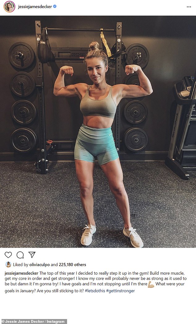 Lean:u00A0She sure has been putting in time at her home gym. Decker posted a photo of her body as she flexed her muscles as she said she was trying to get 'stronger' in 2021