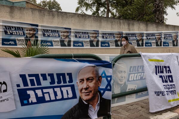 Likud party election campaign banners of Prime Minister Benjamin Netanyahu on election day.