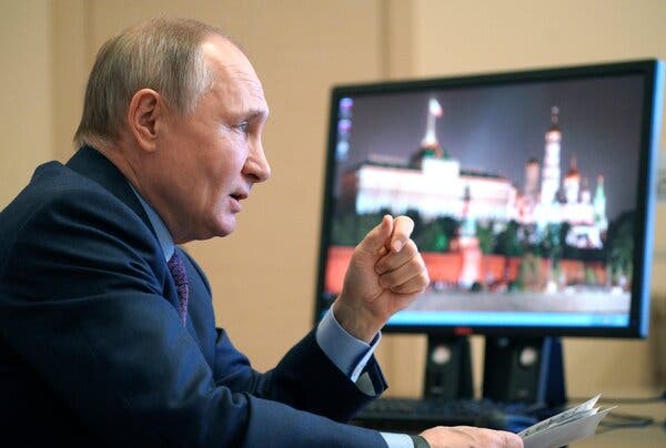 President Vladimir V. Putin of Russia speaking during a meeting with government officials via video conference at the Novo-Ogaryovo residence outside Moscow on Monday.