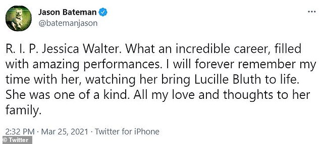 Tribute: Jason Bateman, who played one of Walter's on-screen sons Michael Bluth on Arrested Development, also took to Twitter with a tribute