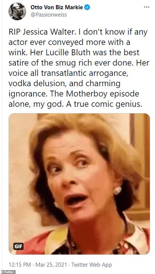 Biz tribute: Others paying tribute to Walters included rapper Biz Markie, who said, 'RIP Jessica Walter. I don't know if an actor ever conveyed more with a wink'