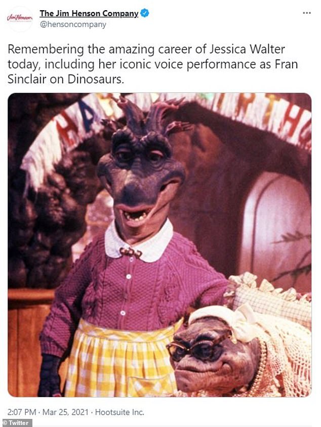 Dinosaurs: The Jim Henson Company also shared a tribute, along with an image from The Dinosaurs TV show, adding, 'Remembering the amazing career of Jessica Walter today, including her iconic voice performance as Fran Sinclair on Dinosaurs'