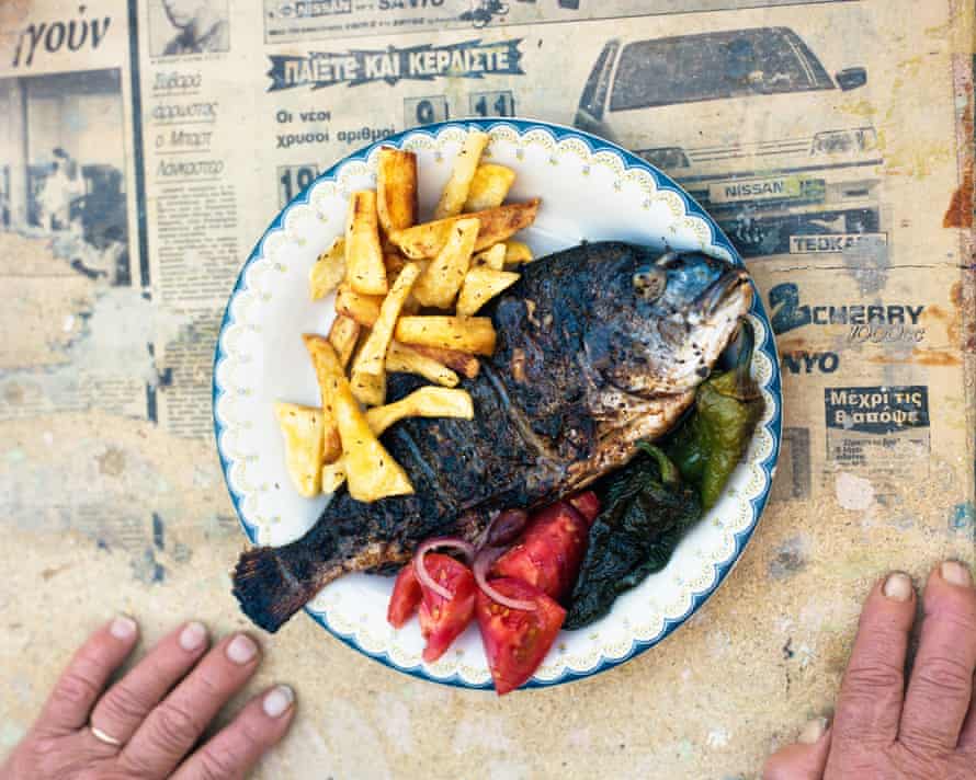 Yiayia’s marinated sea bream, served with rosemary chips.