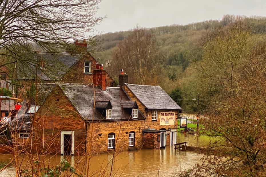 Significant flood levels are marked on the door of the Boat Inn in Jackfield.