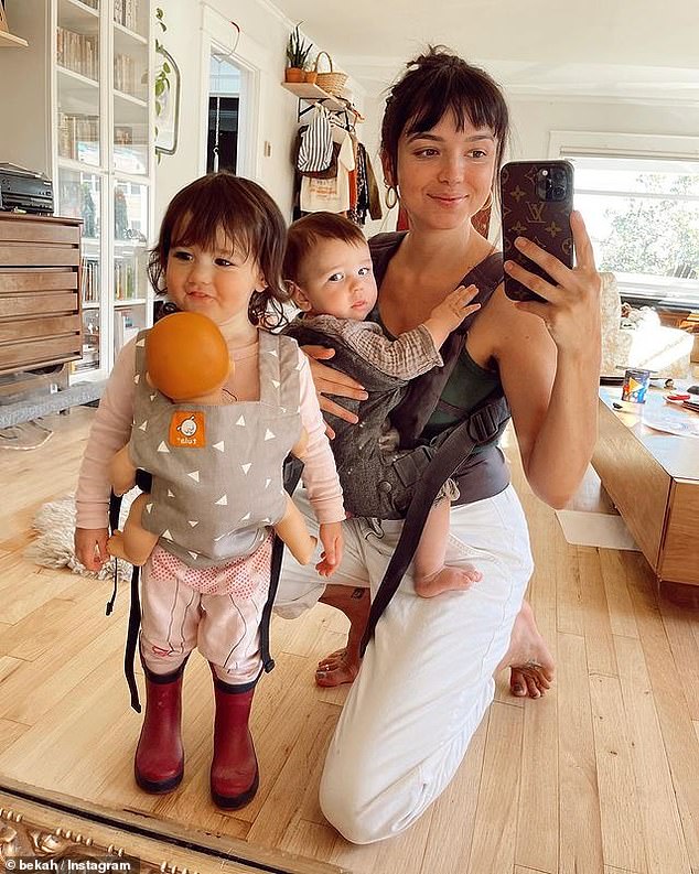 Doting mom: Martinez pictured with daughter Ruth, two, and her son Franklin, who she welcomed with her boyfriend Grayston Leonard eight months ago