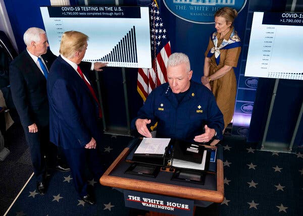 Former President Donald J. Trump and former Vice President Mike Pence with Adm. Brett P. Giroir and Dr. Deborah Birx during a news conference at the White House in April 2020.