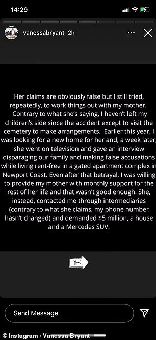 Solutions: Denying the claims from her mother, calling them 'obviously false,' Vanessa said that she did still try to work things out with her mom