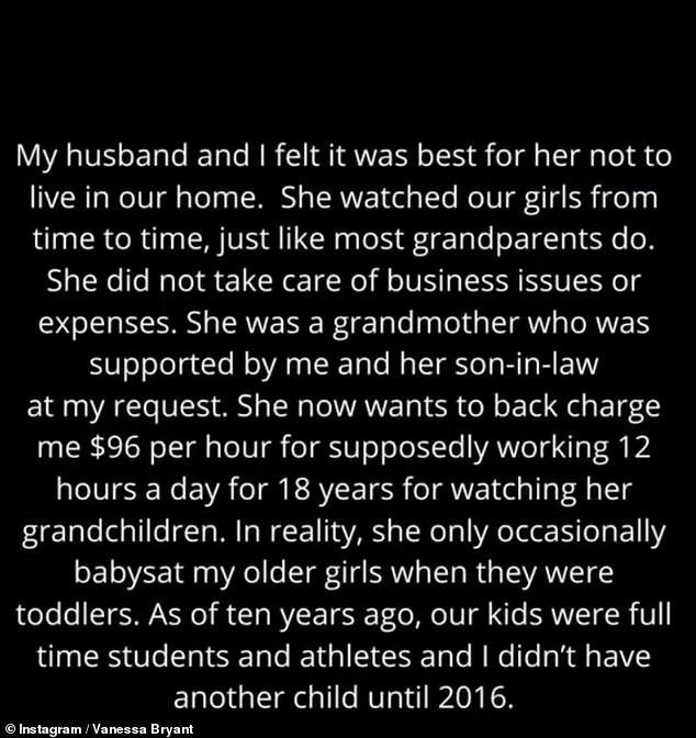 Different realities: 'She now wants to back charge me $96 per hour for supposedly working 12 hours a day for 18 years for watching her grandchildren,' she wrote. 'In reality, she only occasionally babysat my older girls when they were toddlers '