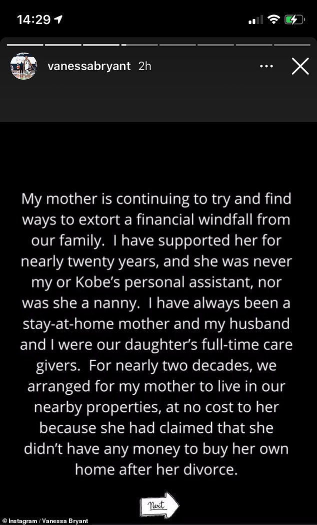 Her side: Vanessa took to her Instagram stories in December to defend both her and Kobe's treatment of her mother over the past two decades