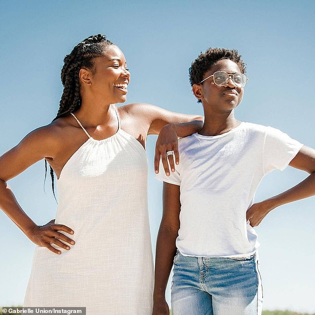 Proud: Along with parenting a now two-year-old daughter, Union has been happily step-parenting Dwyane's sons Zaire, 19, and Xavier, seven, as well daughter Zaya, 13; Gabrielle and Zaya pictured