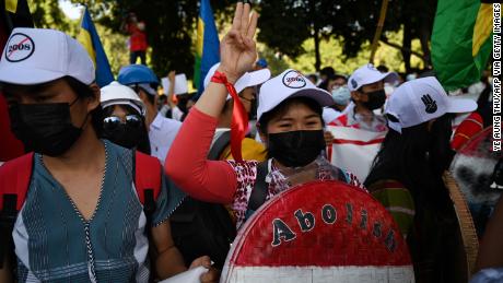 Representatives from Karen ethnic group take part in a demonstration against the military coup in Yangon on February 11.