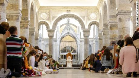 Children meet Pope Francis at the Church of the Immaculate Conception in Qaraqosh, Iraq on Sunday, March 7, 2021.