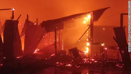 Flames engulf sections of a Rohingya refugee camp in Cox&#39;s Bazar, Bagladesh on March 22, 2021. 