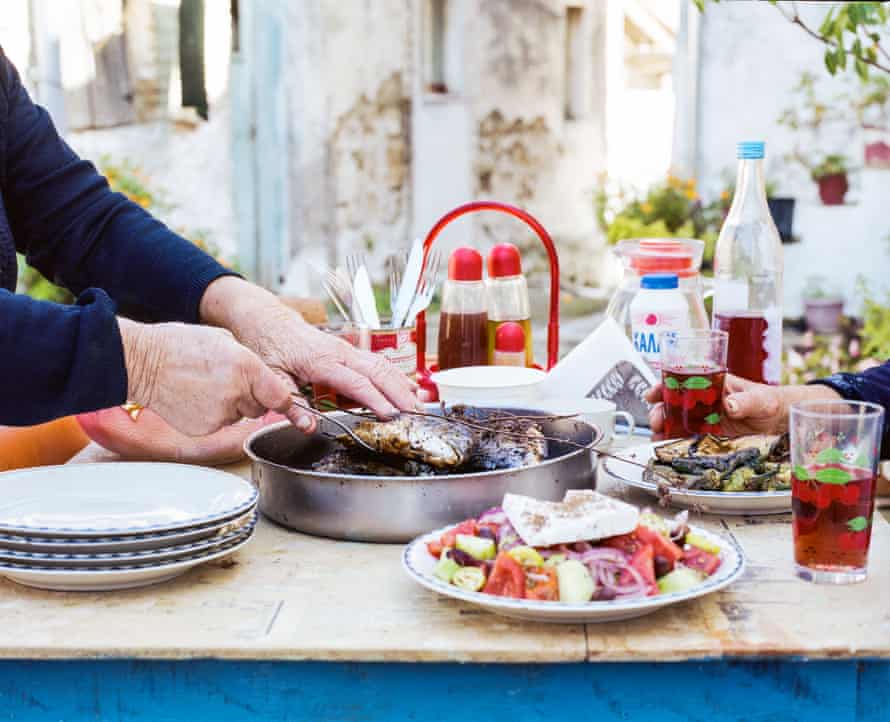 Yiayia’s table, with sea bream, salad and wine