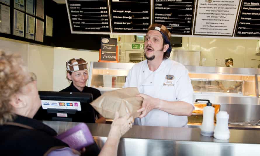 Jay Rayner ‘working’ at 149 fish and chips shop in Bridlington in 2011.