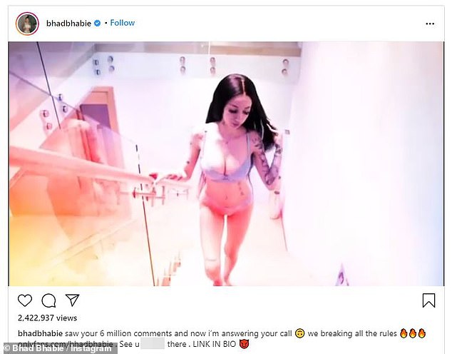 Showing off: Elsewhere on her Instagram account, Bhabie promoted her OnlyFans with suggestive videos of herself in lingerie and various states of undress