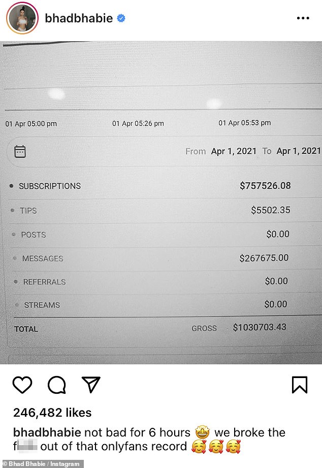 Making bank: She posted what appeared to be a picture of her gross earnings to Instagram, with more than three-quarters of a million just being subscription fees