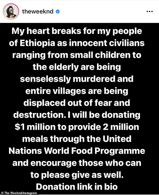 Heartbroken: 'My heart breaks for my people of Ethiopia as innocent civilians ranging from small children to the elderly are being senselessly murdered and entire villages are being displaced out of fear and destruction,' he wrote