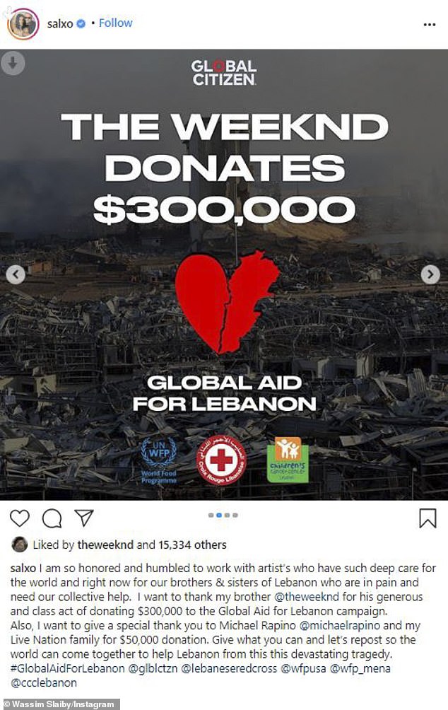 Big heart: The singer's manager Wassim Slaiby shared news of his $300k contribution to Lebanon relief efforts last summer