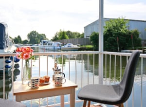 Cabin view of water and boatyard at Hipperson's boatyard, Suffolk, UK