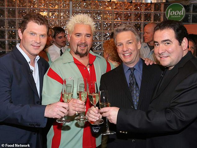 Big time: Fieri has been with the network since winning season two of The Next Food Network Star in 2006 and his new contract will bring him close to two decades with the culinary giant and expand his producing role (Pictured winning Food Network Star in 2006 alongside Bobby Flay, Marc Summers and Emeril)