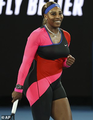 Still on the court: The tennis champ celebrates defeating Romania's Simona Halep during their quarterfinal match at the Australian Open tennis championship in Melbourne, Australia in February