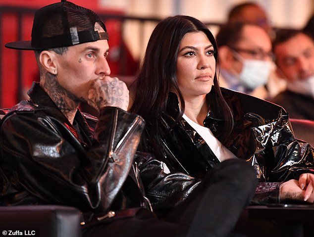 Meanwhile: Travis  is currently in a relationship with his old pal Kourtney Kardashian whom he is pictured with attending a UFC 260 event in Las Vegas last month