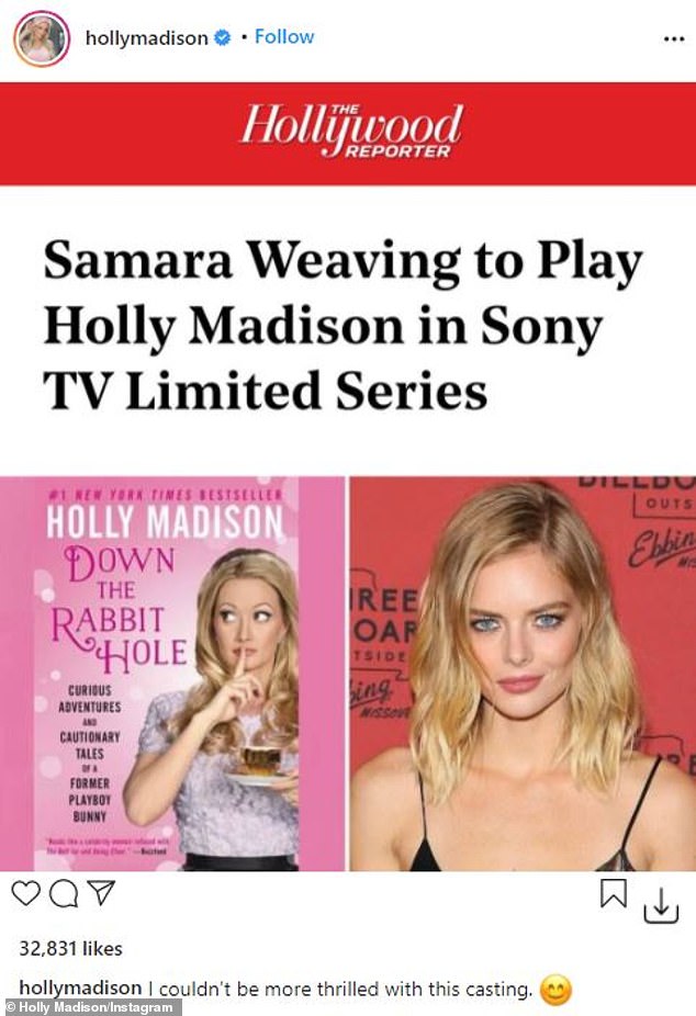 'I couldn't be more thrilled with this casting!' Holly will next executive produce Sony TV's limited series based on her 2015 memoir Down the Rabbit Hole starring Bill & Ted Face the Music actress Samara Weaving