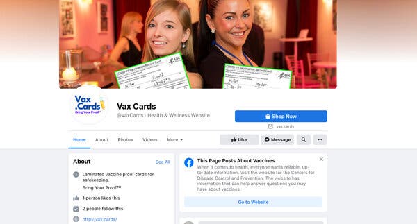 A screenshot of a “vax cards” page on Facebook. 