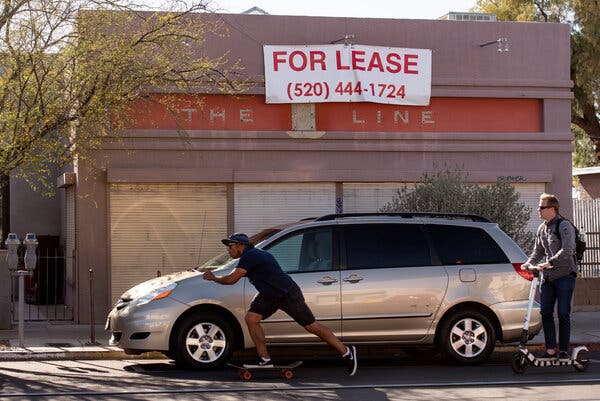 A closed restaurant and pastry store in Tucson, Ariz. The Fed chair, Jerome Powell, said the economic recovery from the pandemic has been “uneven and incomplete.”