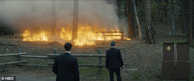 Disaster: Aidan's character Jack throws a stick of dynamite into the woods in order to 'give 'em something else to worry about' - a rapidly spreading and seemingly unstoppable fire
