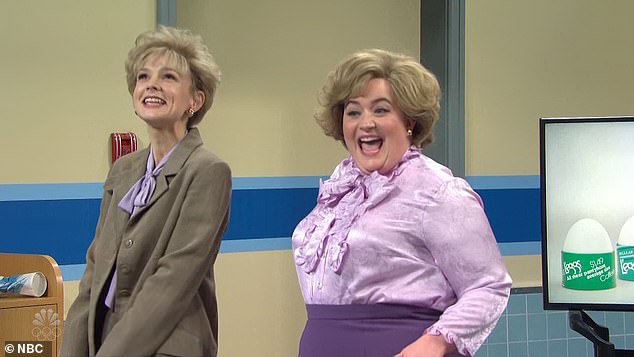 Old school: Carey and Aidy Bryant appeared as maturely dressed women who pretended to be kids, before revealing they were salespeople for L'Eggs pantyhose, which the kids didn't care about