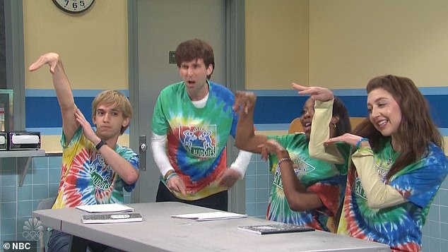 Word smiths: The final sketch of the evening featured new cast member Andrew Dismukes with Kyle Mooney, Ego Nwodim and Heidi Gardner as teens at an after-school rap club