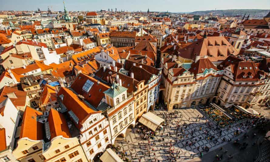 Picturesque buildings and a square in Prague's old town, seen from above