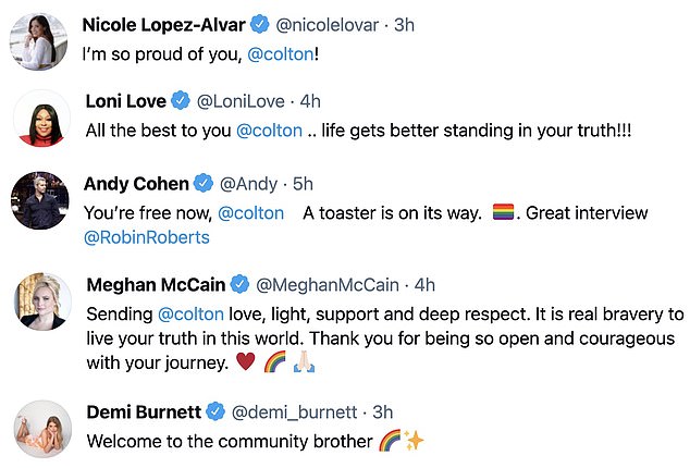 Celebs chime in: Bravo's Andy Cohen, The View's Meghan McCain, and bisexual Bachelor In Paradise contestant Demi Burnett all sent their love