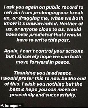 'This seems a bit unfair to me. Colton, you can do what you want, but please do not have a double standard,' she wrote, asking that they just 'move on peacefully and successfully'