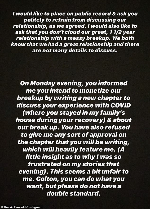 Uh-oh: She said Colton said he 'intends to monetize our breakup by writing a new chapter to discuss your experience with COVID,' she said