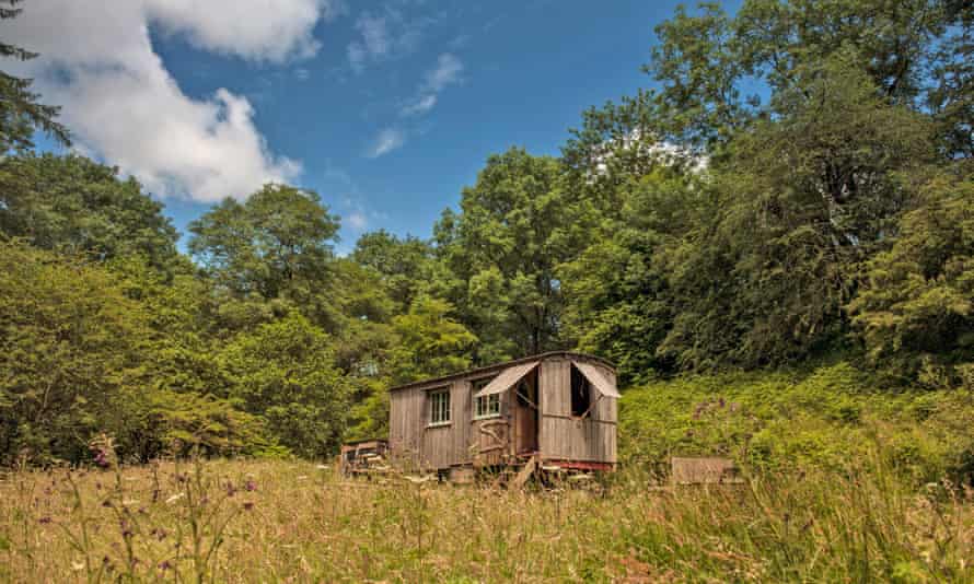 Exterior view of Gwennol cabin near Capel-y-ffin, Brecon Beacons national park on a sunny day.