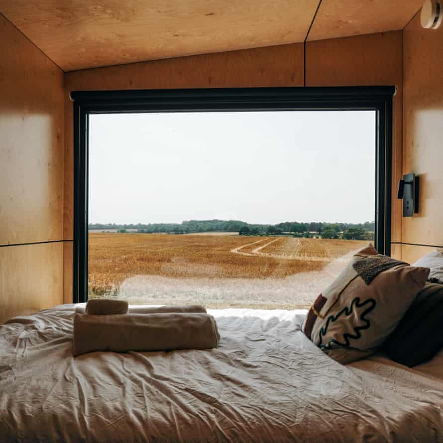 View of the countryside from the bedroom window at the Digital Detox Cabin, Saffron Walden, Essex, UK.