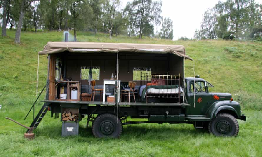The Beer Moth, former fire truck, now kitted out as a holiday cabin, in a field near Aviemore, Scotland, UK