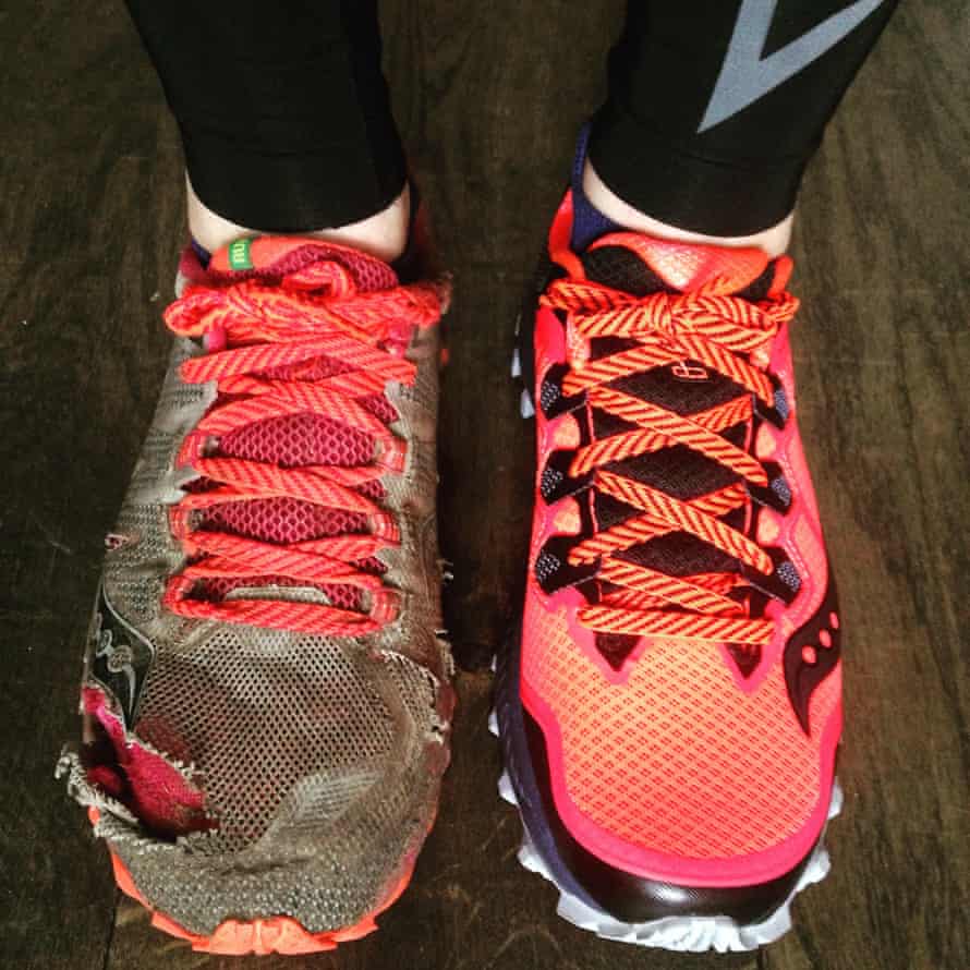 The author’s trusty trail shoe - and an unused one - after months of running.