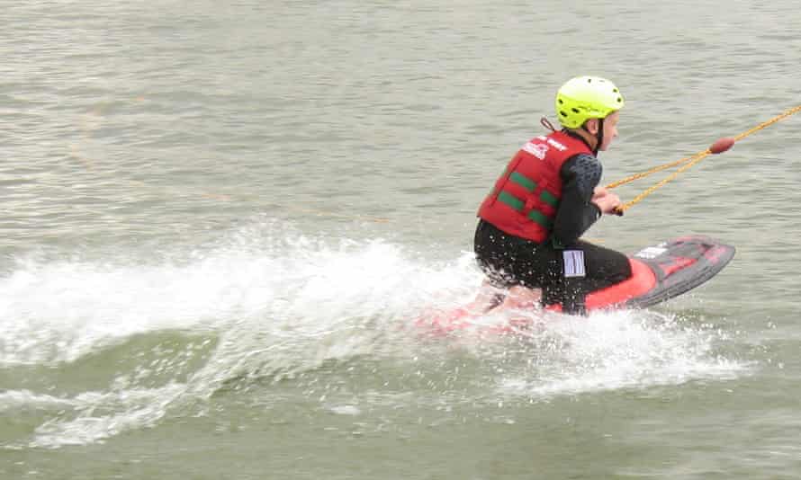 Child kneeboarding at Sheffield Cable and Waterski Park.