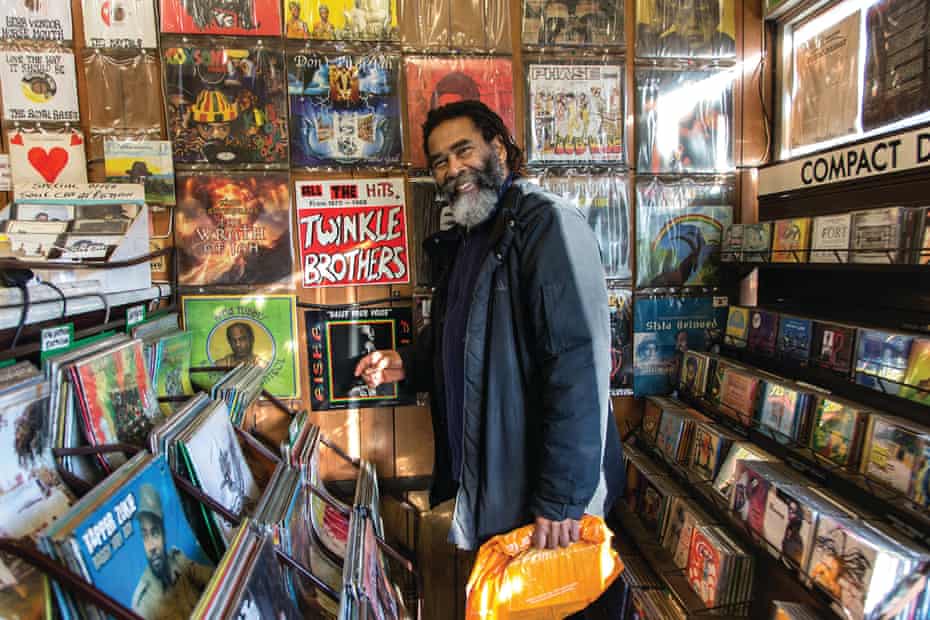 Norman Grant, leader of the Twinkle Brothers, browsing at Supertone Records