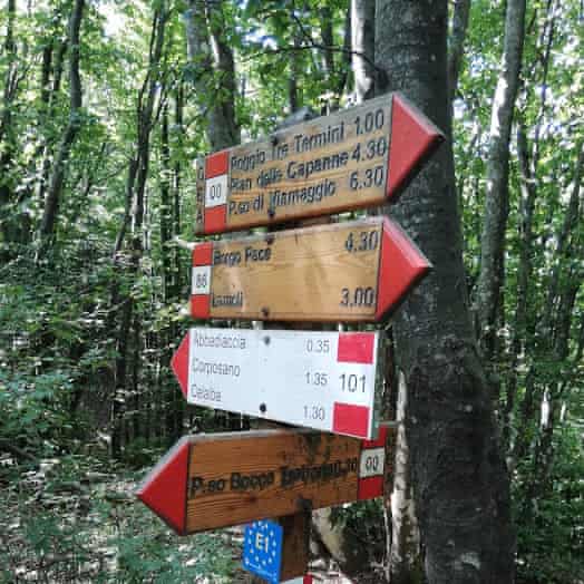 Signpost on a hillside during Tim Parks's Italian route walk from Arezzo to San Marino.